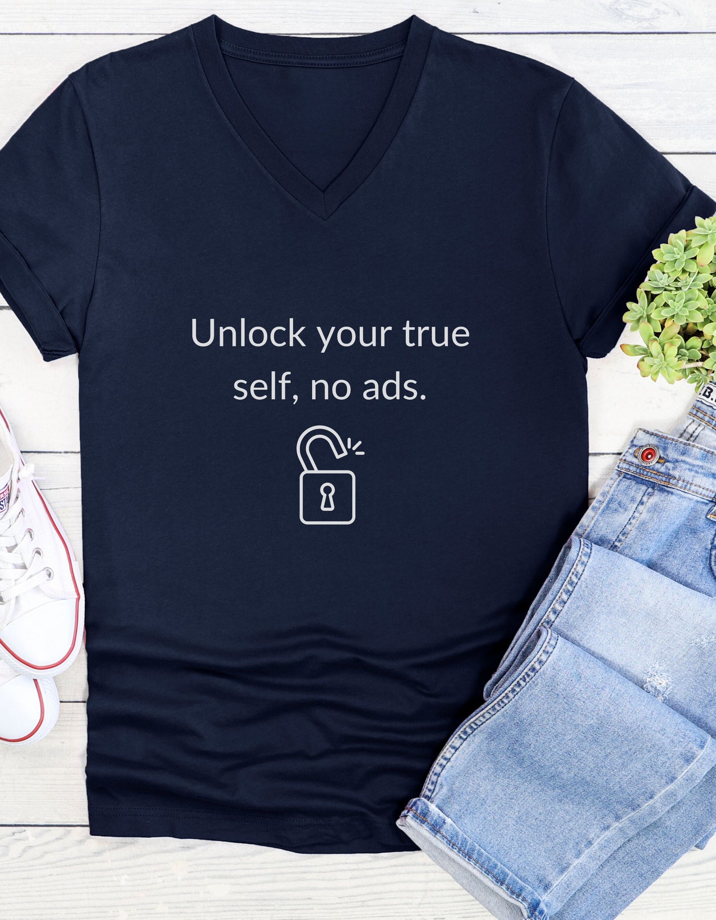 Unlock Your True Self, No Ads, Inspirational Quote V-neck Unisex T-Shirt
