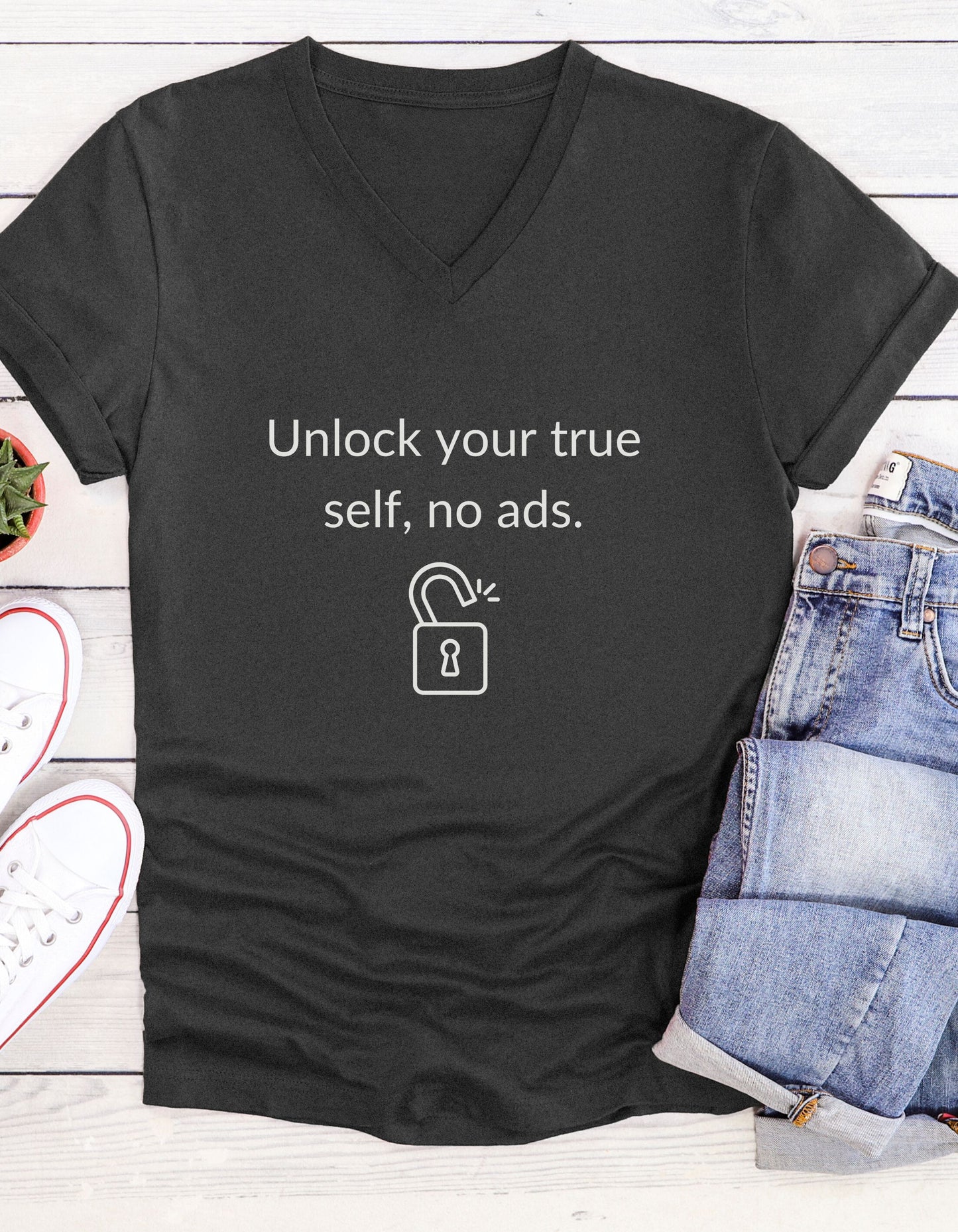 Unlock Your True Self, No Ads, Inspirational Quote V-neck Unisex T-Shirt
